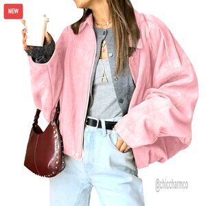 Faux Suede Bomber Jacket Oversized Zipper Lapel Pilot Coat Women's Outerwear
